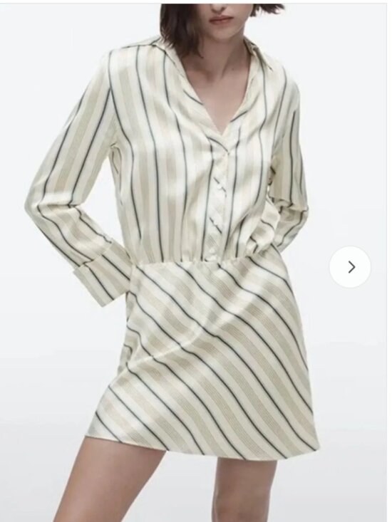Zara Dresses & Skirts - Zara Satin Stripe Shirt Dress Mini Ecru Green Long Sleeve Size M